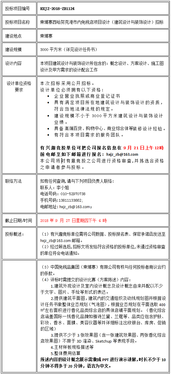 柬埔寨西哈努克港市內免稅店項目設計（建筑設計與裝飾設計）招標